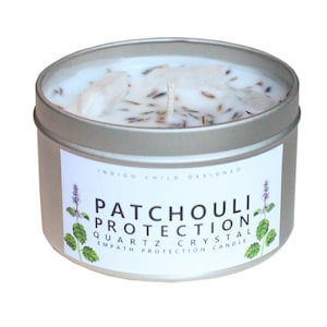 Empath Protection Candle, Patchouli with Lavender and Clear Quartz Crystals
