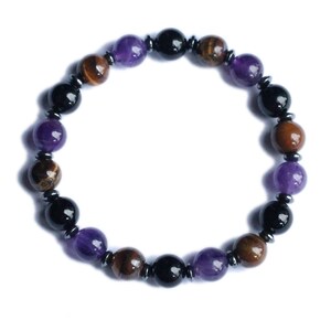 May include: A beaded bracelet with amethyst, tiger's eye, and black onyx beads. The bracelet is made with silver-toned metal spacers.