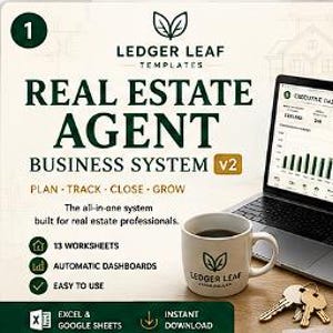 以下が含まれることがあります： Ledger Leaf Templatesによる不動産業者向けビジネスシステムテンプレート。エグゼクティブダッシュボードを表示したノートパソコン、ロゴ入りの白いマグカップ、鍵の束、ペン付きのノートブックが木製の表面に配置されています。