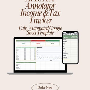 May include: A digital spreadsheet template for AI data annotators displayed on a laptop and smartphone screen. The text reads AI DATA Annotator Income & Tax Tracker, Fully Automated Google Sheet Template, Income Goals, and Order Now.