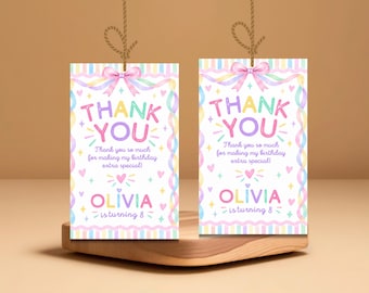 Pastel Bow Birthday Thank You Card, Cute Bow Birthday Party Thank You, Pink Pastel Thank You Card, Coquette Printable