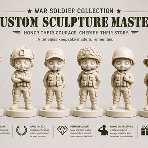 May include: Six monochromatic beige soldier figurines standing on circular bases. Text reads: WAR SOLDIER COLLECTION, CUSTOM SCULPTURE MASTER, HONOR THEIR COURAGE. CHERISH THEIR STORY. A timeless keepsake made to remember. Includes icons for care, quality, and service.