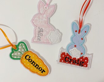 Dangly Easter personalised bag tag Decoration Carrots,  bunny / christian / twig tree hanger / twiggy / felt / floral