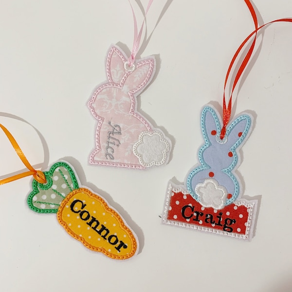 Dangly Easter personalised bag tag Decoration Carrots,  bunny / christian / twig tree hanger / twiggy / felt / floral