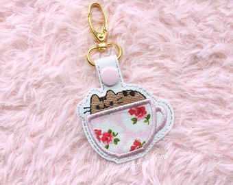 Teacup cat kitty Key Ring / fob / keyring / embroidery / bag charm / planner charm