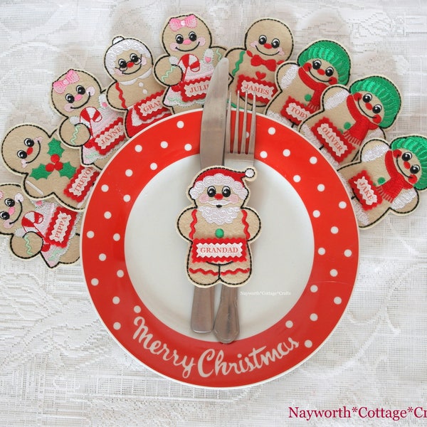 Christmas gingerbread cutlery holders personalised santa, dinner PLACE SETTING