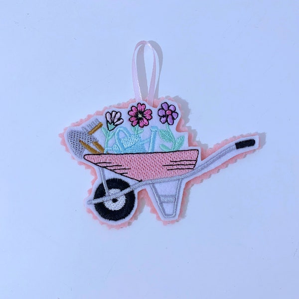 Spring garden wheelbarrow cart  flowers Decoration / gift tag /  twig tree hanger / twiggy / felt /flowers