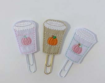 Pumpkin spice coffee cup latte planner paper clip / charm / Embroidery  / diary / kawaii / bookmark / Halloween / pink