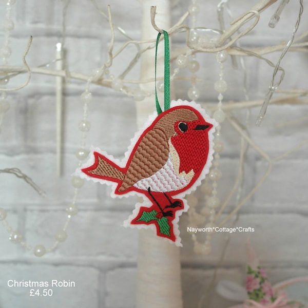 Hanging Christmas tree robin decoration / remembrance / embroidered