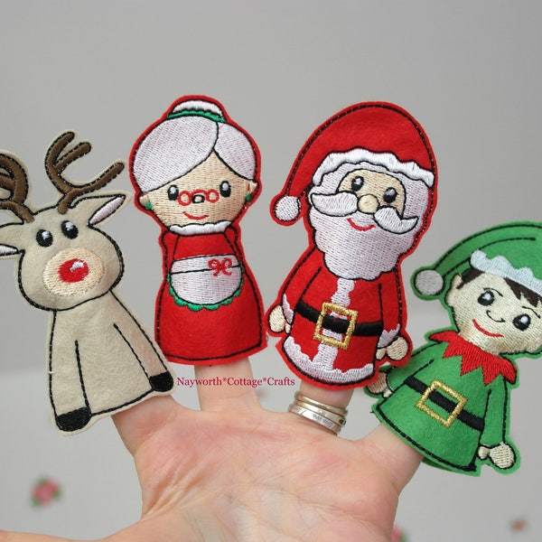 Christmas finger puppets embroidered reindeer, elf, Santa, Mrs claus