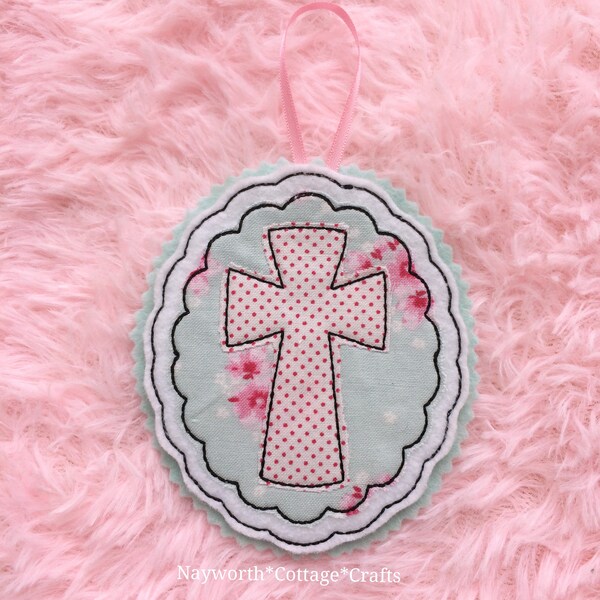 Applique fabric felt dangly Easter Egg cross jesus Personalised twig tree hanger