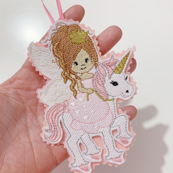 Hanging pretty fairy with unicorn / tree / decoration / ornament / pastel / twig dangly