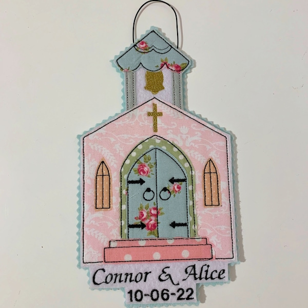 Personalised Fabric Hanging Church / Wedding gift  / married / chapel / applique / raw edge