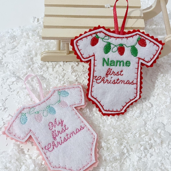 Personalised hanging romper Babys first Christmas felt decoration pastel / pink / twig / tree / decoration / tiered tray