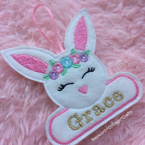 Personalised fabric felt dangly Easter bunny twig tree hanger decoration