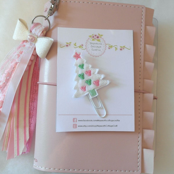 Christmas MOUSE TREE felt planner paper clip / band / Embroidery / pink / vintage