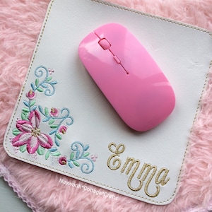 Personalised handmade computer mouse mat / embroidered / home office / gift / pink floral / ladies / girls