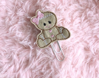 Christmas gingerbread GIRL woman felt planner paper clip / Embroidery / pink / filofax / bookmark / travelers notebook