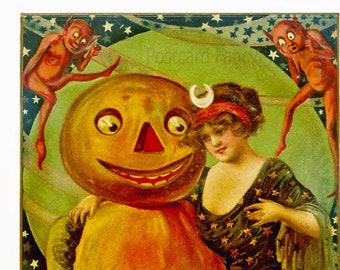 SPOOKY HALLOWEEN Postcard,  Pumpkin, Goblins Vintage Fantasy, Instant DIGITAL Download