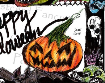 Gruseliges Halloween, Sofortiger digitaler Download, Originalzeichnung, Böser Kürbis, Kobolde