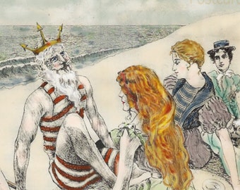 König NEPTUNE Am Strand mit hübschen Damen, Instant DIGITAL Download, VINTAGE