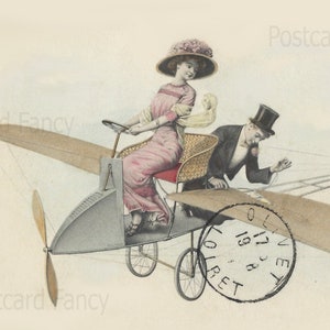Téléchargement numérique, Carte postale vintage fantastique, Couple en avion, Photo réelle