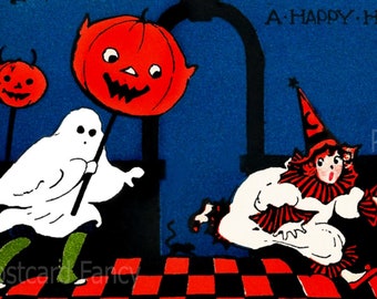 May include: Vintage Halloween postcard illustration with a blue background and black accents. A ghost figure carries a jack-o'-lantern, while a clown and a rabbit run across a checkered floor. The text reads "Wishing You A Happy Halloween."
