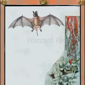 May include: Vintage Halloween-themed postcard illustration featuring a bat with outstretched wings, pumpkins, and whimsical figures. The artwork has a light background with an orange border and the text "Postcard Farm".