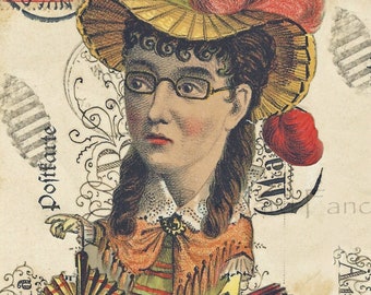 Vintage Lady Traveler Postkarte Collage, sofortiger digitaler Download, Grunge Clip Art