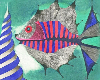 Magical FISH In the SEA, Vintage Magazine Illustration, Instant DIGITAL Download