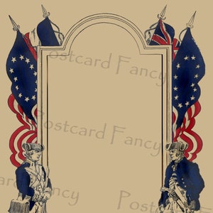 May include: A vintage postcard frame featuring two soldiers in blue and white uniforms, holding rifles and swords. The frame is decorated with American flags and the text "Postcard Fancy".