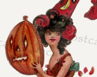 Oktober, Art Deco HALLOWEEN Hübsche Hexe, Kürbis und schwarze Katze, Sofortiger DIGITALER DOWNLOAD