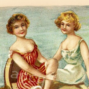 BEAUTÉS DE BAIGNADE en canoë avec pêcheur, téléchargement numérique instantané, carte postale de plage vintage