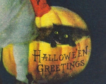 Adorable Boy, Black CAT Inside Pumpkin, Instant DIGITAL Download, Vintage HALLOWEEN Postcard