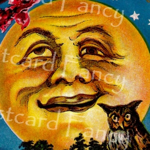 Fantasy HALLOWEEN MOON, WITCH, Owl and Black Cat Vintage Postcard, Instant Digital Download