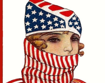 Amerikanische FLAGGE Lady, Digitale Vintage Postkarte, Art Deco Vaterländischen Bild