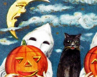 May include: A vintage postcard illustration featuring a child in a white sailor suit running past a wooden fence. Behind the fence, two figures in white ghost costumes hold orange jack-o'-lanterns, with a black cat between them under a crescent moon.