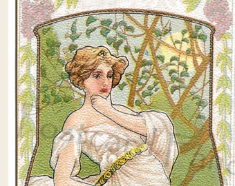Hübsche Jugendstil Dame im FRÜHLINGSgarten, sofortiger DIGITALER Download, VINTAGE Lesezeichen