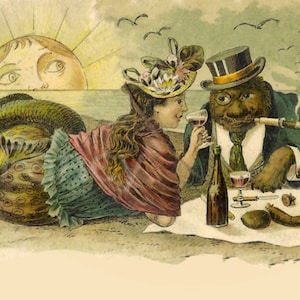 Picnic de fantasía con sirenas junto al mar, descarga digital instantánea, postal vintage