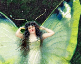 Preciosa chica mariposa verde de fantasía, descarga digital instantánea, postal vintage