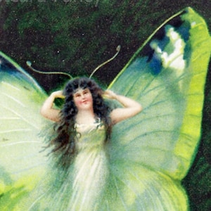 Superbe fille verte papillon fantaisie, téléchargement numérique instantané, carte postale vintage
