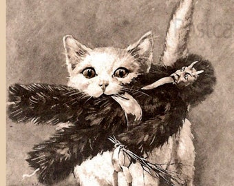 Gato atrapa a un KRAMPUS aterrador en la boca, descarga DIGITAL instantánea, postal vintage de Bad Santa