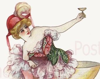 Pretty Lady Toasts With CHAMPAGNE Celebration, Instant DIGITAL Download, Vintage Schmucker