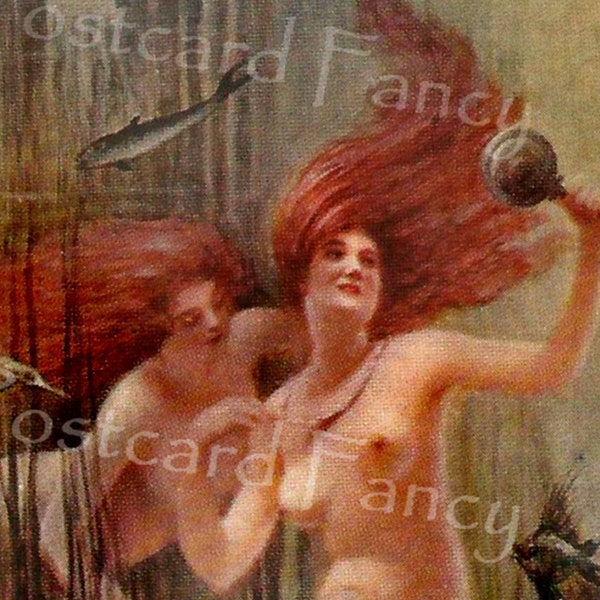 Risqué, Red Heads,  MERMAIDS, Vintage Fantasy Postcard, Instant Digital Download