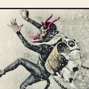 Le diable dans la neige KRAMPUS avec un chien qui mord, TÉLÉCHARGEMENT NUMÉRIQUE instantané, carte postale vintage