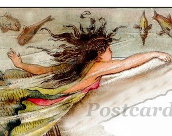 FAB FANTASY Fische und Meerjungfrau, Vintage Postkarte Illustration, sofortiger digitaler Download