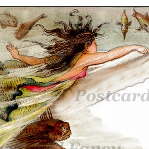 FAB FANTASY Peces y sirenas, Ilustración de postal vintage, Descarga digital instantánea
