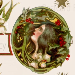 Art Nouveau Pretty Lady in Flowers and Holly, Instant Digital Download, Antique Postcard