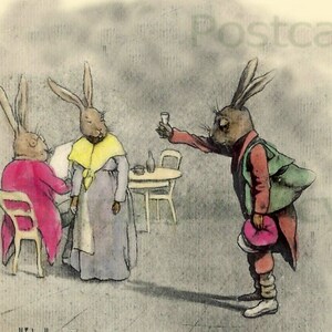 Conejos de Pascua celebrando la primavera, descarga DIGITAL, postal coloreada a mano