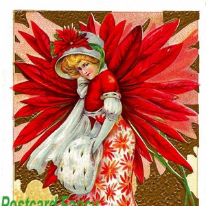 Pretty ART NOUVEAU Girl with Poinsettia Flowers Vintage CHRISTMAS Postcard, Instant Digital Download
